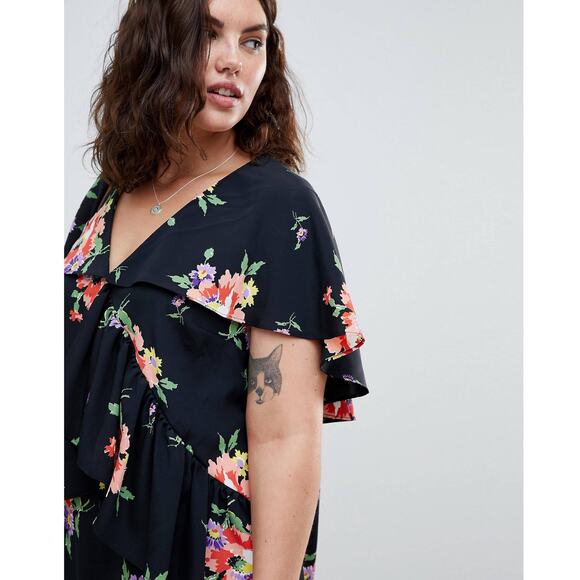 ASOS Design Curve Midi Tea Dress With Cape Back 26 Black Multi Floral Print - Picture 12 of 13